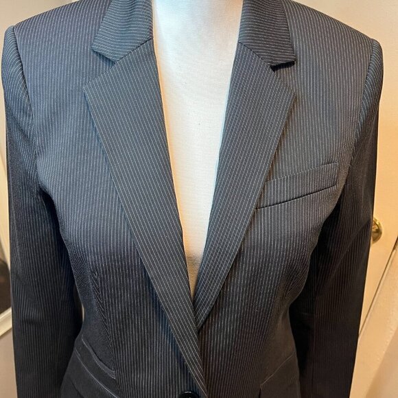 MNG by Mango Black Pinstriped Single Button Modern Blazer Jacket, Size 8 - Picture 2 of 12